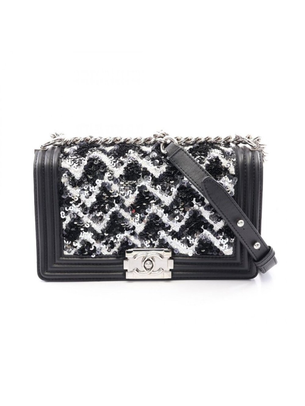 Chanel Shoulder Bag Boy Sequin Black White Lambskin Chain